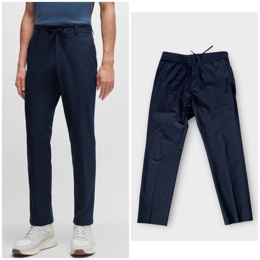 Hugo Boss wool blend navy blue trousers with elastic band in back and flat front